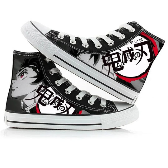 A pair of kawaii Anime Demon Slayer Canvas Shoes in a hand-painted high-top sneaker style for boys and girls.