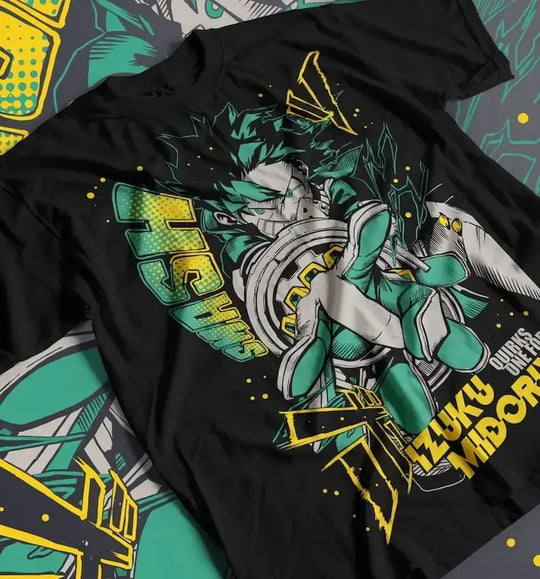 A trendy Deku Streetwear T-Shirt made of 100% cotton, featuring a fire style Izuku Midoriya graphic art for unisex Japanese fashion.