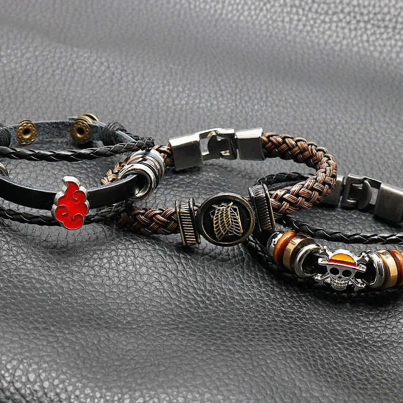 Anime Woven Cowhide Bracelet multilayer buckle ring inspired by One Piece Naruto and Attack on Titan birthday gift accessory