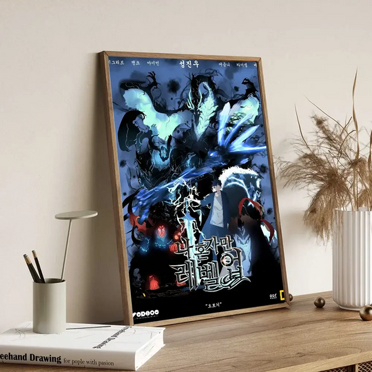 A vintage-style Solo Leveling Sticky Poster printed on whitepaper, featuring Sung Jinwoo and the Shadow Army with a DIY self-adhesive backing.