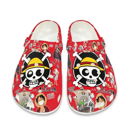 Breathable One Piece Medical Clogs featuring cartoon prints of Monkey D. Luffy and Roronoa Zoro, designed as slip-resistant surgical shoes for nurses.