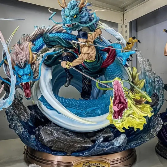 Roronoa Zoro Three Swords GK PVC Figure 23cm displayed on shelf One Piece collector statue