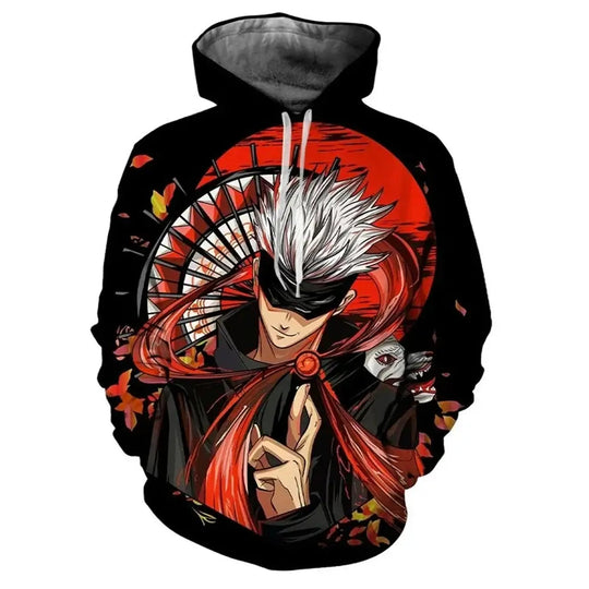Men's Jujutsu Kaisen Satoru Gojo Hoodie with a vibrant 3D print pattern, perfect anime and manga fashion pullover sweatshirt.