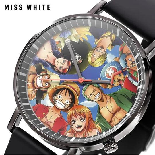 A colorful One Piece Luffy Watch featuring Fire Fist Ace anime action figure art on the dial, analog quartz movement for kids.