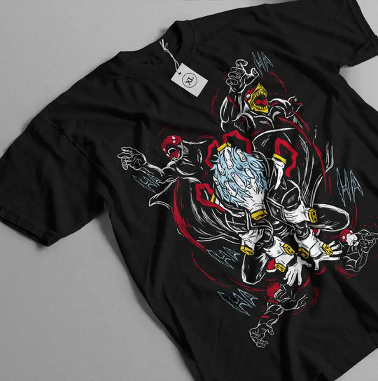 A premium Tomura Shigaraki T-shirt featuring a custom graphic of the League of Villains leader with hand motifs, designed as an anime gift.