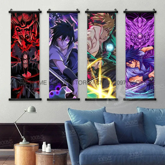 High-definition Naruto Posters hanging scroll featuring Uzumaki Naruto, Uchiha Sasuke, and Madara for anime home wall decoration.
