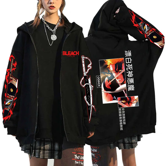A unisex Bleach Zip Up Hoodie featuring 3D cosplay prints of Kurosaki Ichigo, Kyoraku Shunsui, and Hitsugaya Toshiro for anime fans.