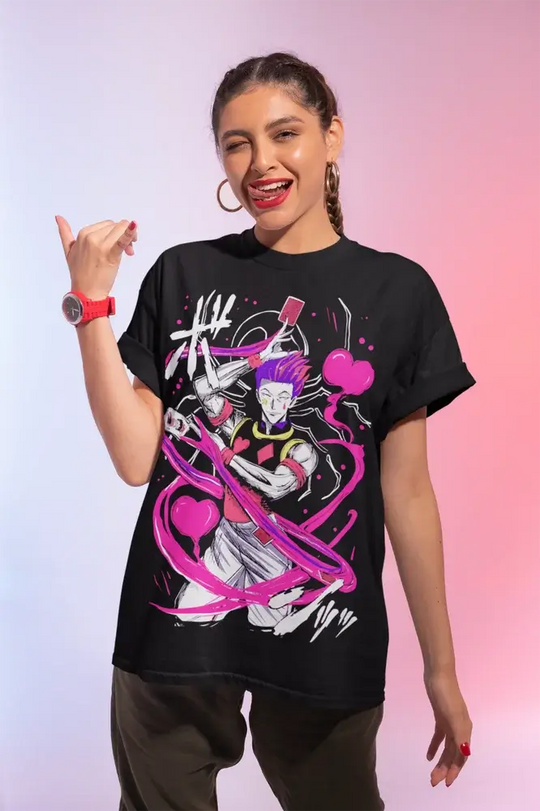 A premium Hisoka Shirt featuring a black and white manga strip graphic of Hisoka Morow from Hunter x Hunter, designed as a soft unisex anime tee.