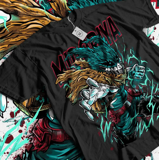 An oversized Deku T-Shirt featuring colorful anime graphic art of Midoriya, Bakugo, and Shoto styled for women's streetwear.