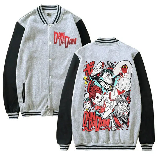 A trendy Dandadan Okarun Jacket featuring Japanese manga art of Ken Takakura, styled as fashion streetwear for men and women.