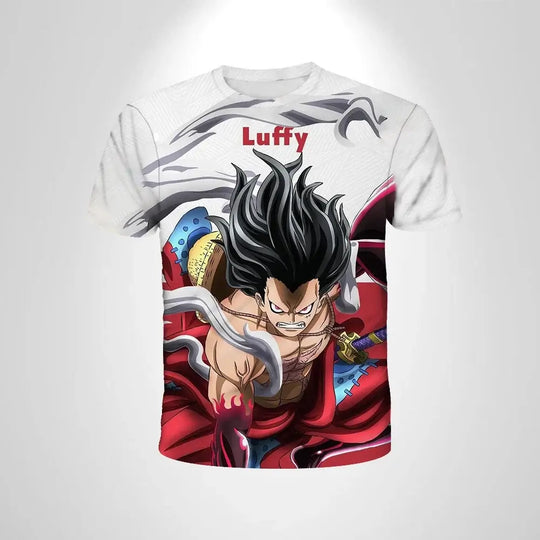 A breathable One Piece Luffy T-shirt featuring a cartoon graphic, designed as a loose-fit casual top for men and boys.