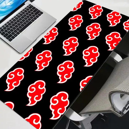 A high-quality Akatsuki Naruto Mouse Pad featuring the iconic red clouds, designed as a large gaming desk mat for keyboard and mouse setups.