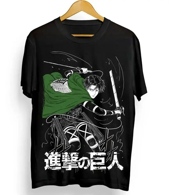 A trendy Levi Shingeki T-shirt featuring a dark horror graphic of Levi Ackerman from Attack on Titan, styled as Y2K women's streetwear.
