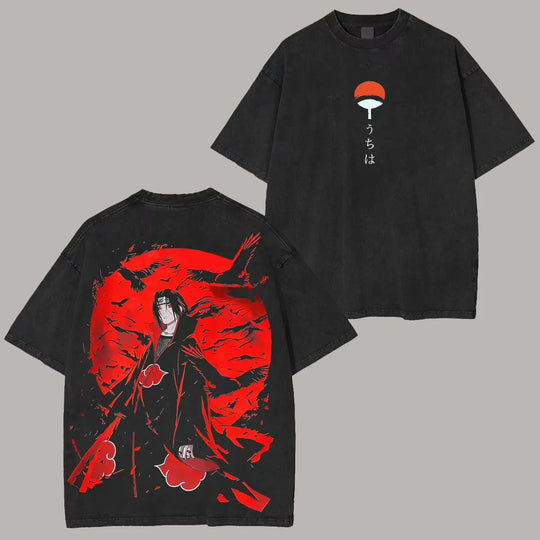 Itachi Uchiha Crow Washed T-Shirt featuring a striking design of Itachi against a red background.
