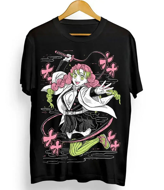 A pink aesthetic Mitsuri T-shirt featuring cute anime graphic art of the Love Hashira, designed as Harajuku women's clothing.