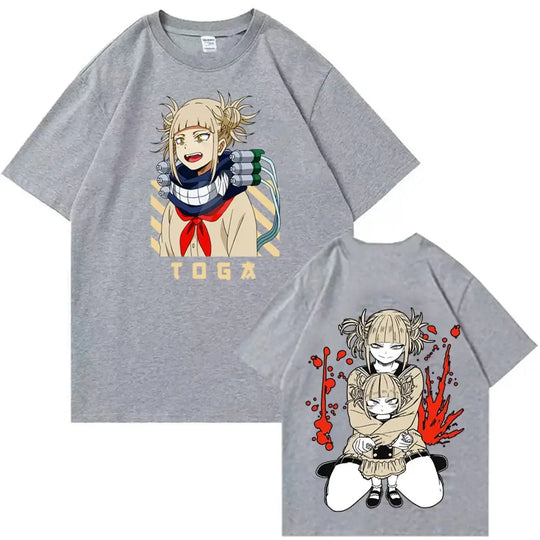 A trendy 2026 Himiko Toga T-Shirt featuring a graphic anime print of the My Hero Academia villain, designed as a casual summer top for men and women.