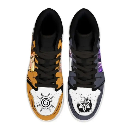 Pair of trendy Naruto High Top Sneakers made of durable PU leather, featuring anime cartoon designs for casual street sports and basketball.