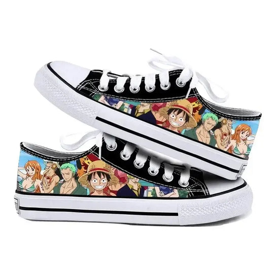 Trendy One Piece Canvas Shoes featuring Riman printed anime art, designed as breathable low-top flat sneakers for boys, girls, and couples.