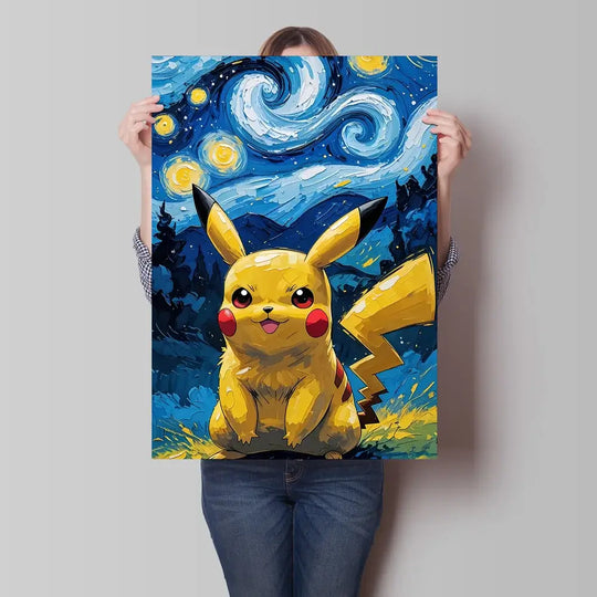 A stunning Van Gogh Pokemon Wall Art piece featuring Pikachu painted in a Starry Night impressionist style for unique home decoration.
