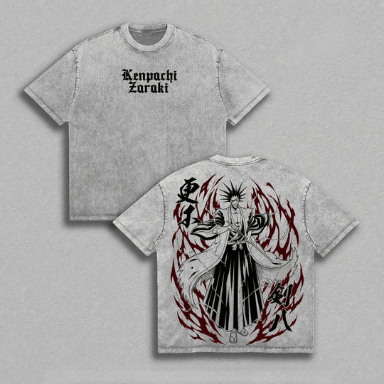 Zaraki Kenpachi Bleach Vintage Washed T-Shirt featuring front and back designs with anime character and flames.