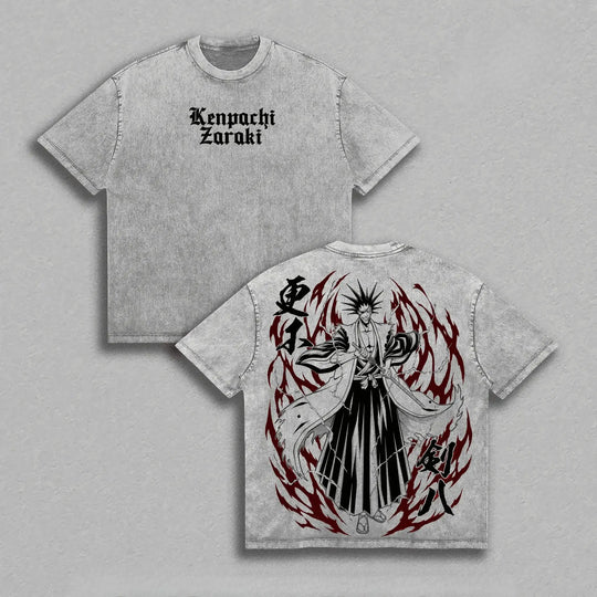 Zaraki Kenpachi Bleach Vintage Washed T-Shirt featuring front and back designs with anime character and flames.