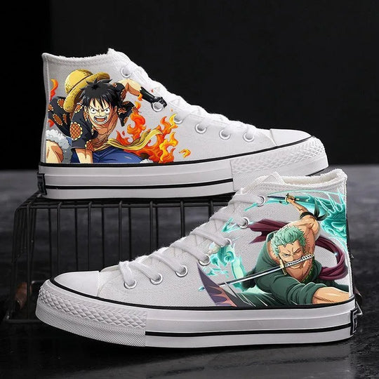 Trendy One Piece Canvas Shoes featuring colorful graffiti art of Luffy, Zoro, and Portgas D. Ace for casual men's and women's fashion.