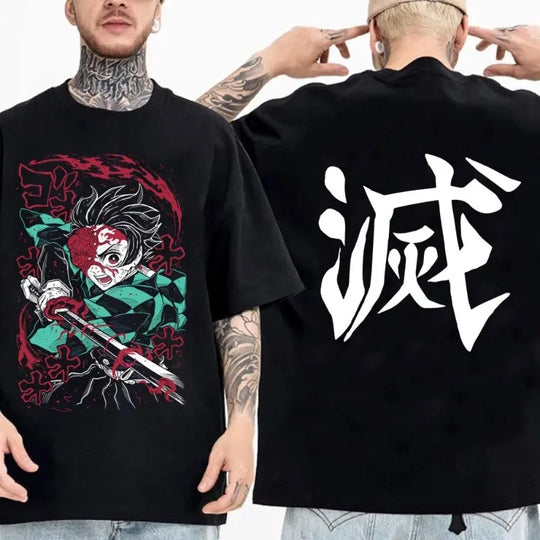 Demon Slayer Summer Parent-Child Cotton Tee worn by parent and child matching casual anime outfit