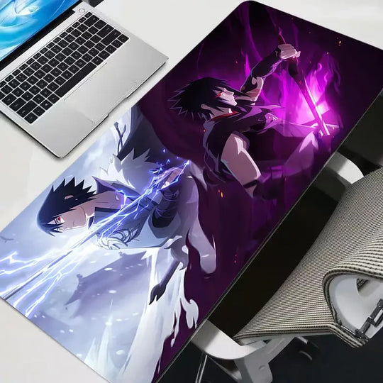 A premium Sasuke Uchiha Mouse Pad featuring an HD print anime graphic, designed as a non-slip rubber gaming desk mat for computer accessories.
