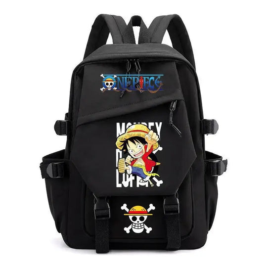 A lightweight canvas One Piece Backpack featuring kawaii anime characters, suitable for school, travel, and carrying a laptop computer.