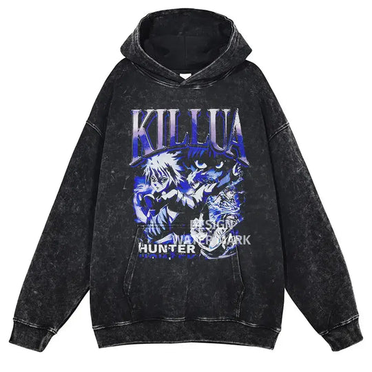 Gon Freecss Hunter x Hunter Washed Hoodie featuring bold Killua graphic on washed black background.