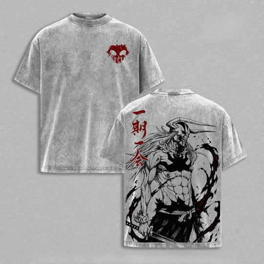 Ichigo Kurosaki Bleach Vintage Washed T-Shirt featuring detailed anime character design and vintage styling.