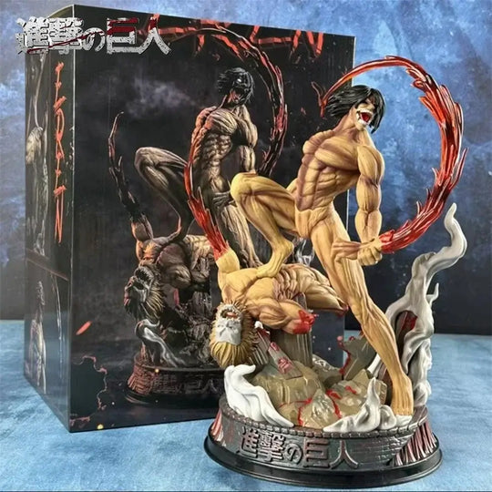 A highly detailed 29cm Eren Jaeger Figure made of premium PVC, showcasing the Attack on Titan protagonist in a dynamic pose for anime desktop decoration.