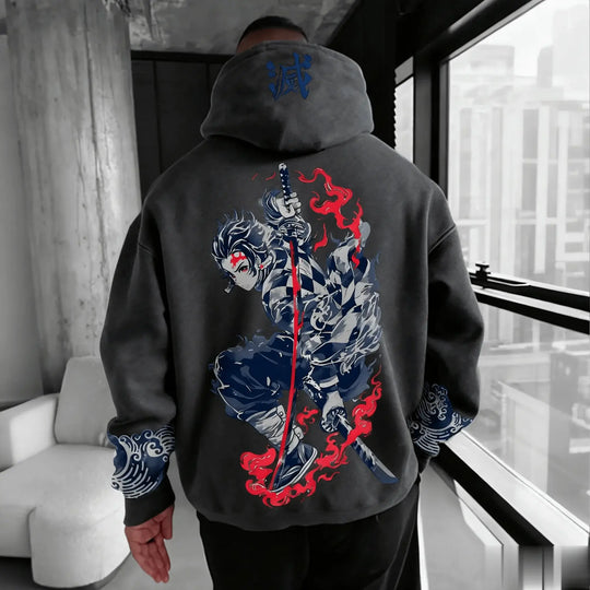 A trendy oversized Demon Slayer Hooded Sweatshirt featuring colorful anime character graphics, designed as casual autumn streetwear for men and women.