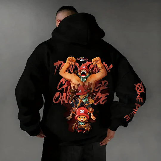 An oversized Chopper Graphic Hoodie featuring a cute Tony Tony Chopper anime print, designed as casual autumn and winter streetwear for men and women.