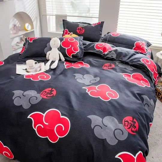 A creative Naruto Akatsuki Bedding four-piece set featuring cute 2D cartoon anime characters on a duvet cover and bed sheets.