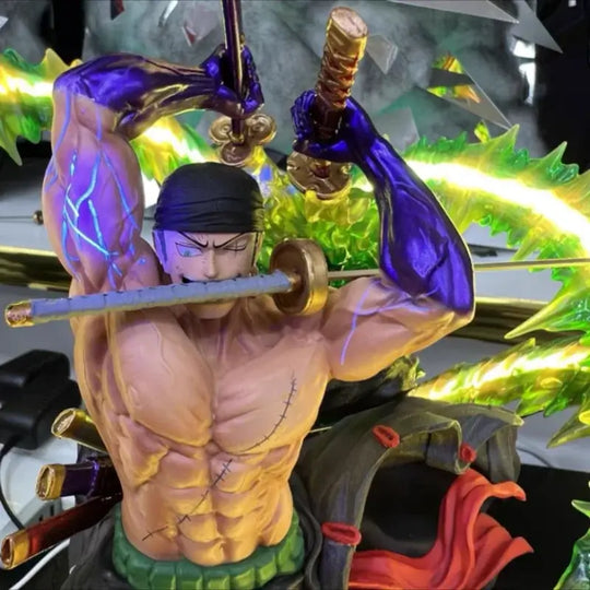 Close-up of Roronoa Zoro PVC Figure 30cm With Light PVC detail sculpt sword standing pose