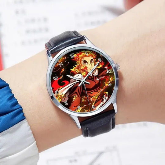 A stylish Demon Slayer Watch featuring two-dimensional anime art of Rengoku Kyoujurou and Tokitou Muichirou, designed as a trendy business wristwatch.