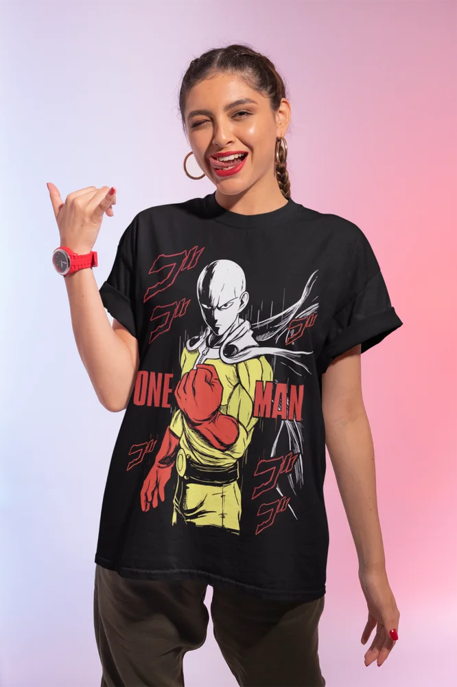 A premium black Saitama T-Shirt made of soft cotton, featuring a cool One Punch Man anime manga graphic for men and women.