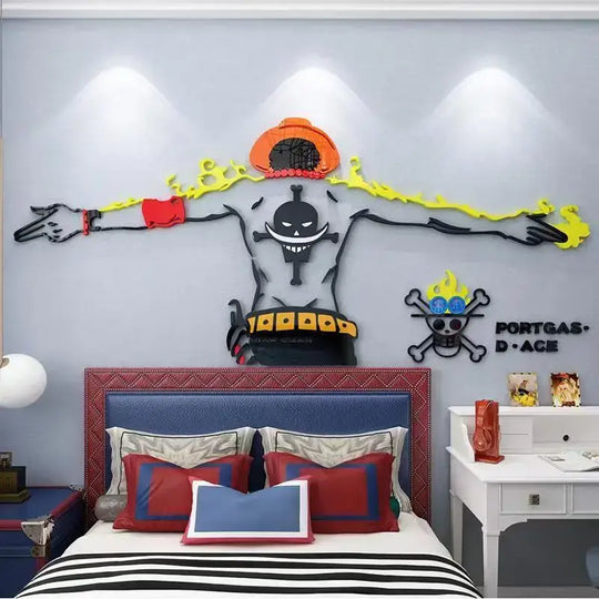 A 3D plastic Ace Wall Sticker featuring a dynamic comic-style illustration of Portgas D. Ace, designed for creative bedroom and living room wall decoration.