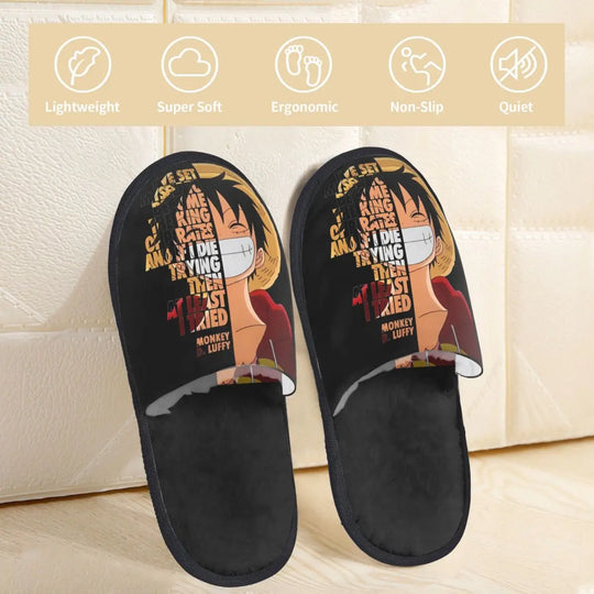 One Piece Luffy Memory Foam House Slippers worn bedroom lifestyle shot cozy anime indoor slides