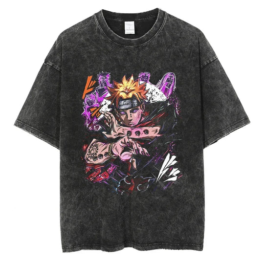Men's vintage Naruto Rock Lee Streetwear T Shirt in a washed black style, featuring an anime graphic of the taijutsu master.