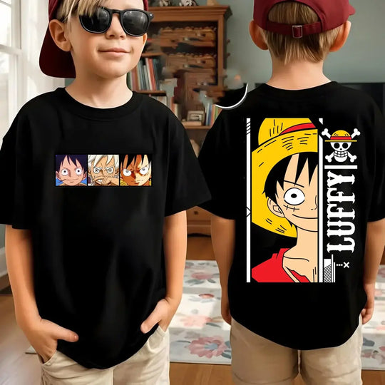 Zoro kids t-shirt One Piece Harajuku design flat lay front view white background children's anime tee