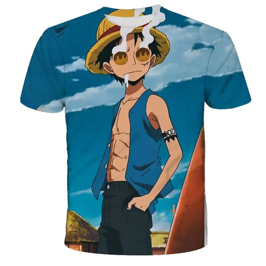 A 3D printed One Piece Luffy T-Shirt featuring a dynamic cartoon cosplay graphic of Monkey D. Luffy for boys' summer fashion.