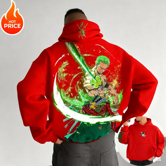 A vintage-style One Piece Zoro Hoodie featuring Roronoa Zoro graphic print, oversized fit for men and women, Y2K Harajuku streetwear aesthetic.
