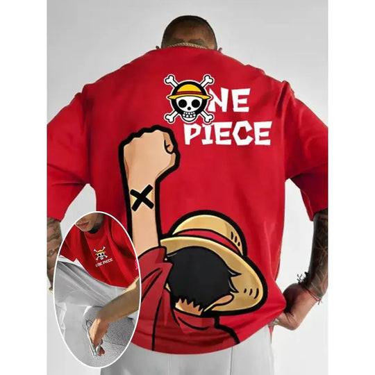 A fashionable One Piece Graphic T-Shirt in an oversized streetwear fit, featuring a high-quality anime print of Monkey D. Luffy and Roronoa Zoro.