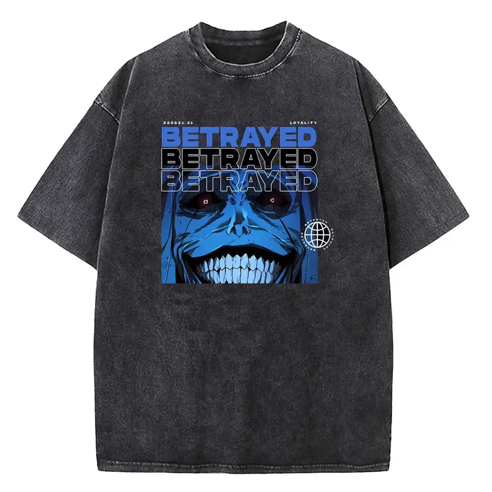 A vintage-style Solo Leveling Vintage T-shirt made of washed black cotton featuring a Sung Jinwoo graphic print, designed as Harajuku streetwear.