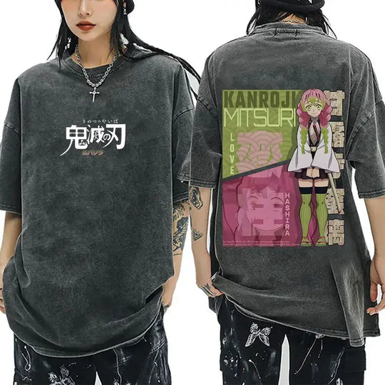 A vintage washed Demon Slayer Serpent Hashira Iguro Obanai T Shirt in a casual, oversized style for men and women.