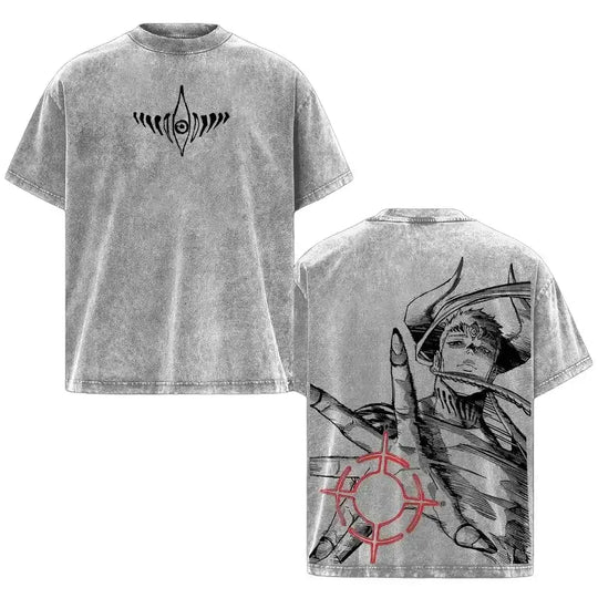 Jujutsu Kaisen Cross Graphic Oversized T-Shirt featuring unique front and back designs in a washed finish.