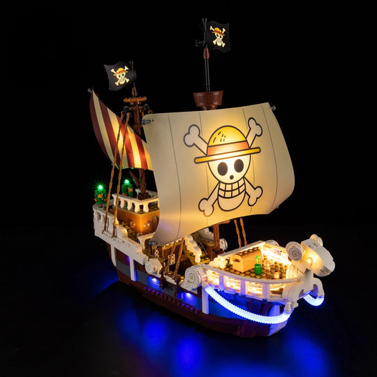 A Going Merry LED Light Set illuminating the 75639 pirate ship building block model, showcasing glowing cabins and deck lights.
