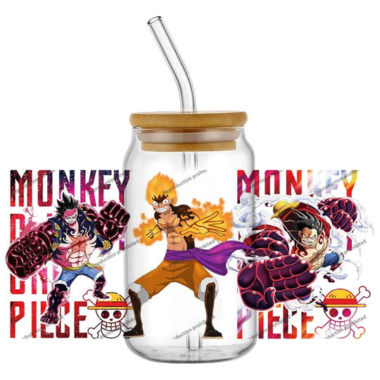 A collection of the newest 31 designs of popular One Piece UV DTF Stickers for a 16oz glass cup.